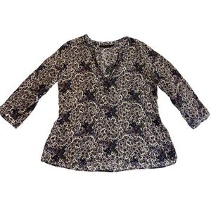 Zara Basic Paisley Print 3/4 Sleeve V Neck Top Blouse Women's Size‎ Small